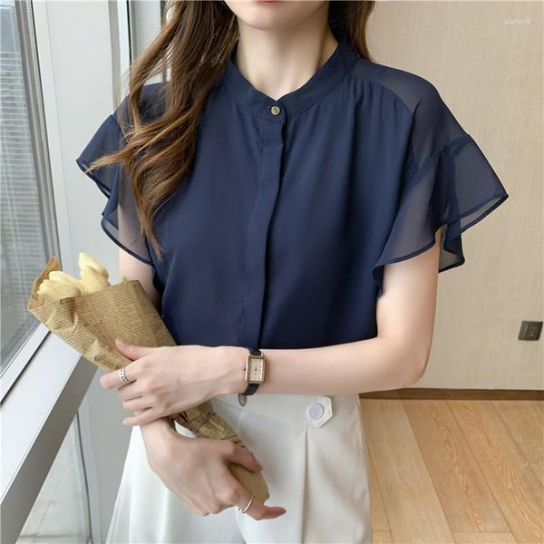 Damenblusen, elegantes Hemd mit Schmetterlingsärmeln, Sommer, Bürokleidung, Chiffon, Lady Chic, koreanischer Stil, einfarbig, Bluse