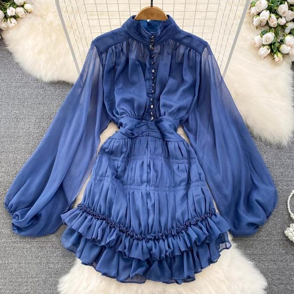 Casual Jurken Franse Vintage Mini Jurk Voor Vrouwen Stand Kraag Lantaarn Mouw Geplooide Vrouwelijke Cake Dames Elegante Vestidos Drop