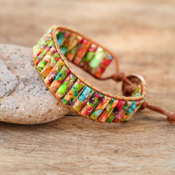 Braccialetti con ciondoli Naturale 4 13 Perline imperiali cilindriche Multi colore Chakra Bracciale Gioielli Fatti a mano Pietra Regali avvolgenti in pelle