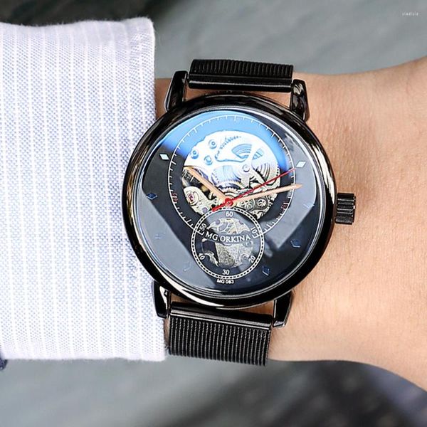 Armbandsur ORKINA Transparent Fodral 2023 Mode Herr Klockor Topp Mekaniskt Skelett Automatisk Självvind Clock Man