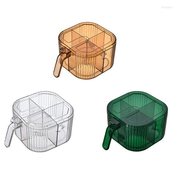 Garrafas de armazenamento 4 grades Caixa de tempero de plástico transparente com tampa Colheres Recipiente de temperos para cozinha Jar Dropship