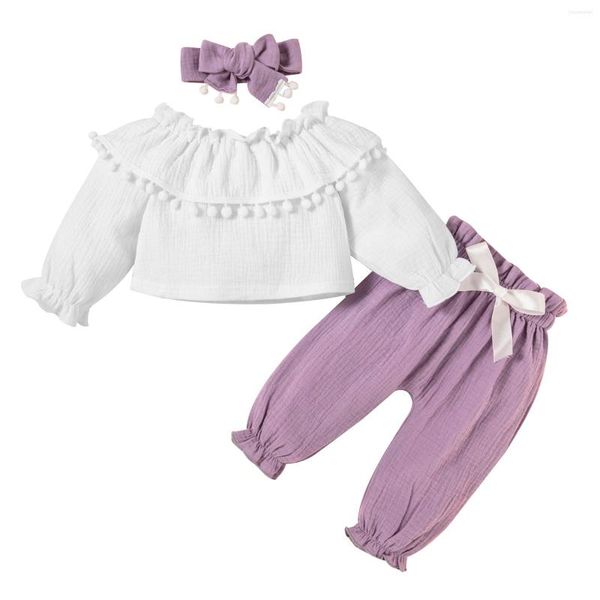 Conjuntos de roupas Pant Romper Toddler Infant Baby Girls Manga Longa Sólido Ombro Plano Borla Top Calças com Tiara Conjunto de Roupas 3PCS