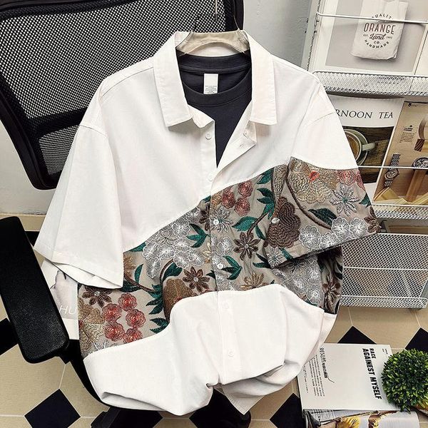 Blazers verão camisas bordadas masculinas moda casual camisas de flores dos homens japonês streetwear solto camisas de manga curta masculina mais tamanho