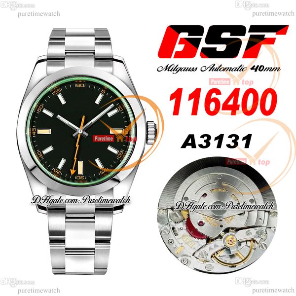 GSF 116400GV A3131 Relógio masculino automático Verde Superlume Moldura polida Mostrador preto OysterSteel Bracelet Super Edition Mesmo cartão serial Reloj Hombre Puretime