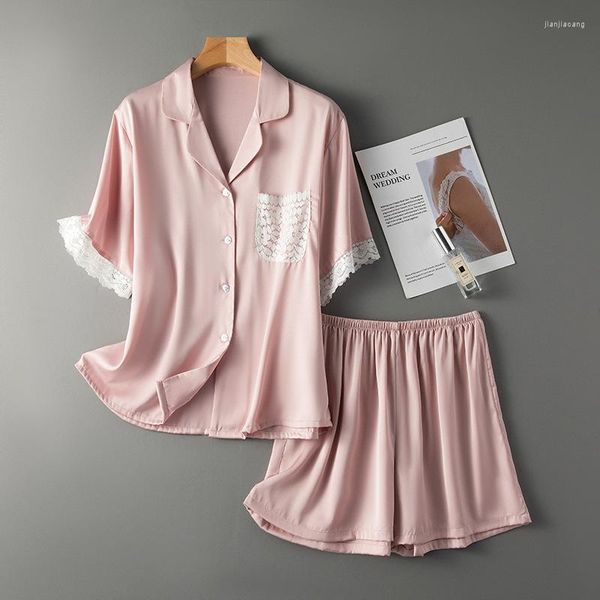 Roupa de dormir feminina 2023 verão gelo seda roupa de dormir feminina terno rendado doce 2 peças pijama manga curta shorts roupa de dormir rosa casual íntimo