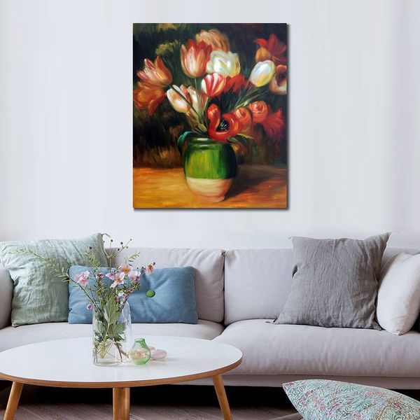 Blumenkunst auf Leinwand, Tulpen in einer Vase, Kunst, Gemälde von Pierre Auguste Renoir, handgefertigte moderne Kunstwerke, Küchen- und Raumdekoration