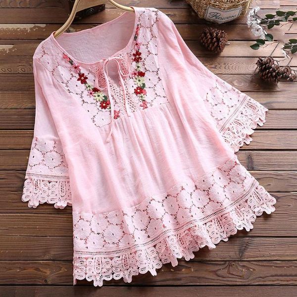 Blusas Femininas Camisa Feminina de Renda Rosa Três Quartos Bonita Flor Bordada Fina Transparente Túnicas Femininas Casuais