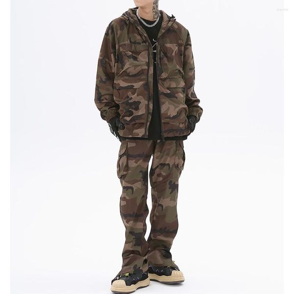 Calças masculinas hip hop tornozelo com zíper bolsos com cordão camuflagem cargo reto retalhos soltas calças à prova d'água casuais unissex