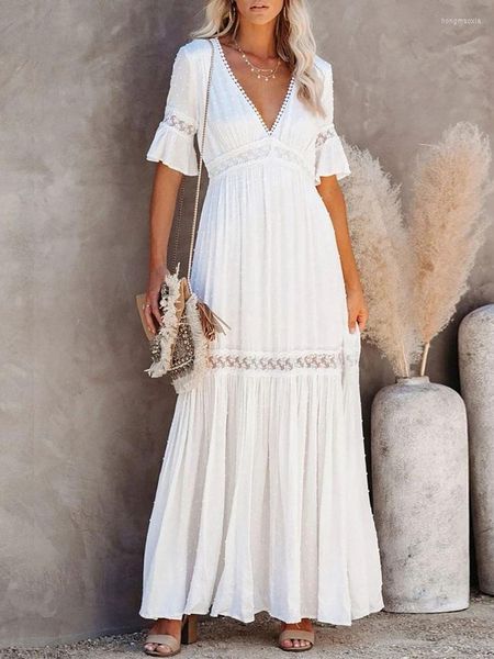 Vestidos Casuais Boho Vestido de Renda Branco Feminino Verão Manga Curta Decote em V Longo Senhoras Elegante Solto Oco Para Fora Praia Plissado