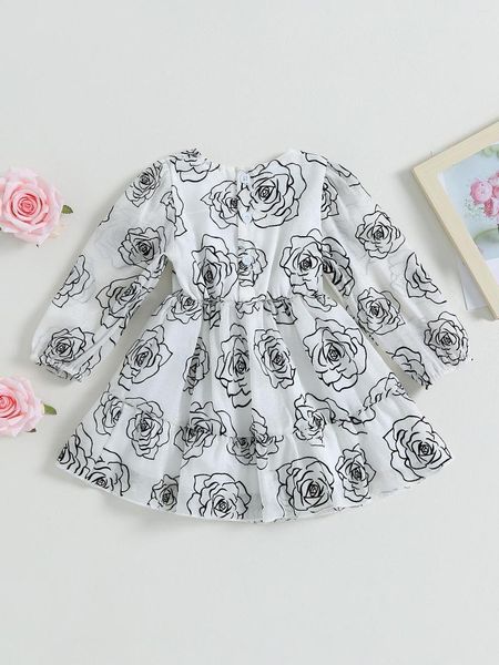 Mädchenkleider Süßes und stilvolles Kleinkind-S-Blumendruck-A-Linien-Kleid mit Schleifendetail und langen Ärmeln für Partys und besondere Anlässe