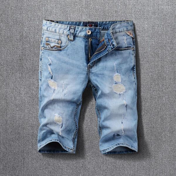 Calça Jeans Masculina Verão Designer de Moda Shorts Retrô Azul Claro Destroyed Curto Rasgado Vintage Casual Denim Hombre