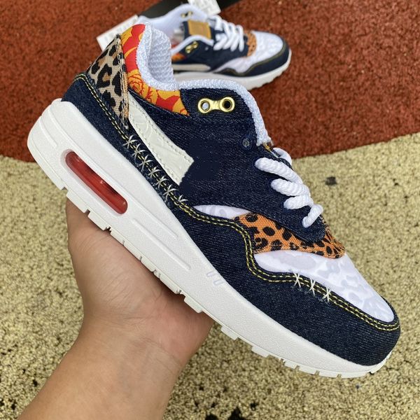 28 de abril Denim Leopard Running Shoes Trainer 1 Lavado Azul Escuro Homens Mulheres Estilo de Vida Denim Painéis Tratados e Estampas de Animais Liven