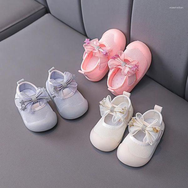 Sapatos de batizado First Walkers para bebês meninas Sola macia Princesa Sapatilha com lindo laço de fita antiderrapante antiderrapante infantil anti-chute