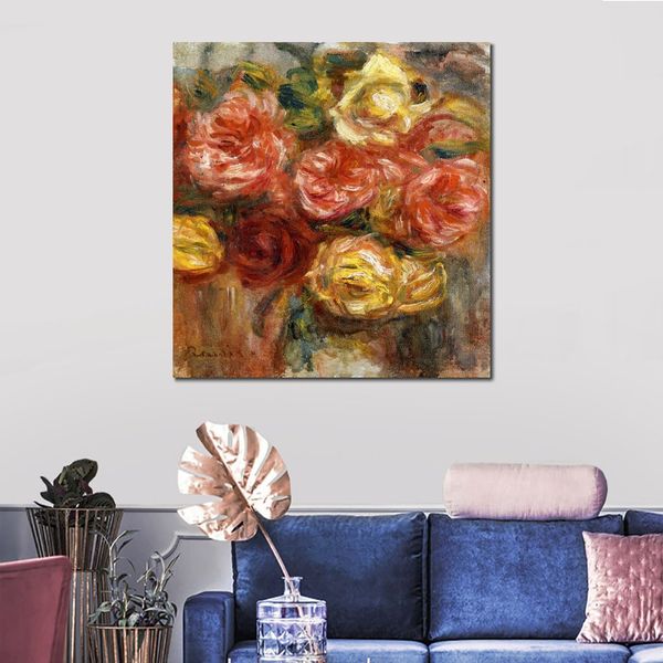 Handgefertigtes Ölgemälde von Pierre Auguste Renoir, Blumenstrauß aus Rosen in einer Vase, moderne Leinwandkunst, moderne Landschaft, Wohnzimmerdekoration