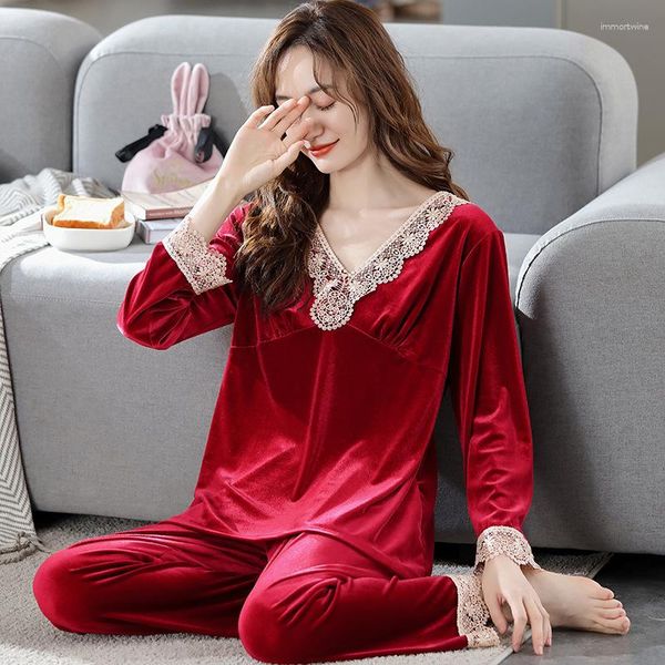 Roupa de dormir feminina outono e inverno conjunto de pijamas de veludo dourado camisola quente 2 peças rendas mangas compridas calças roupas para casa