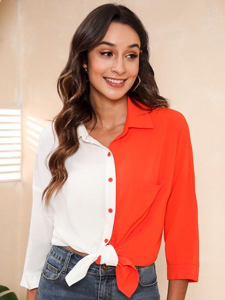 Blusas femininas laranja branco cores misturadas camisas para mulheres gola polo manga três quartos tops moda elegante comutar escritório roupa feminina