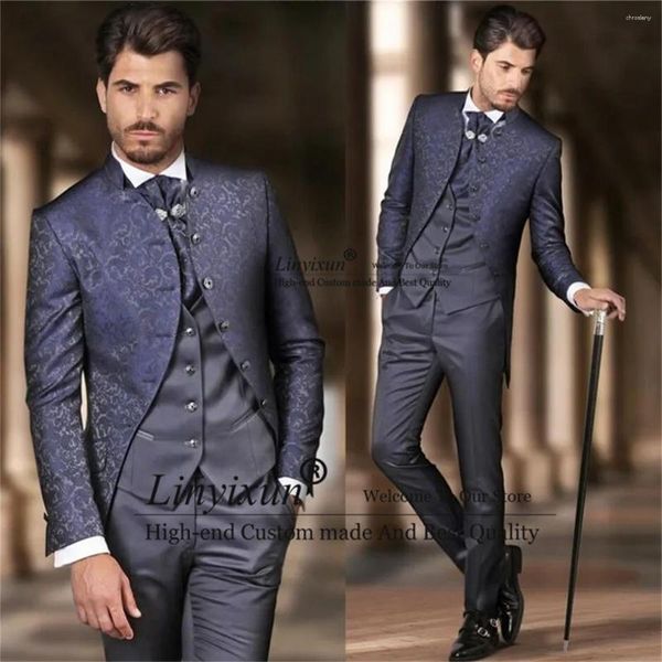 Ternos masculinos azul marinho jacquard masculino slim fit noivo casamento smoking formal negócios masculino blazer 2 peças conjuntos homem traje de formatura homem