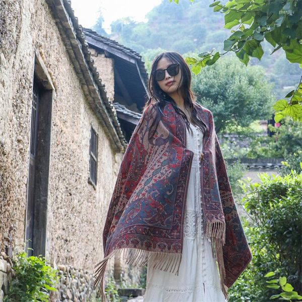 Eşarplar Yumuşak İmitasyon Kaşmir Kadın Şalları Femme Tassel Poncho Cape Jacquard Bohem tarzı Pashmina Vintage Mujer Bufanda