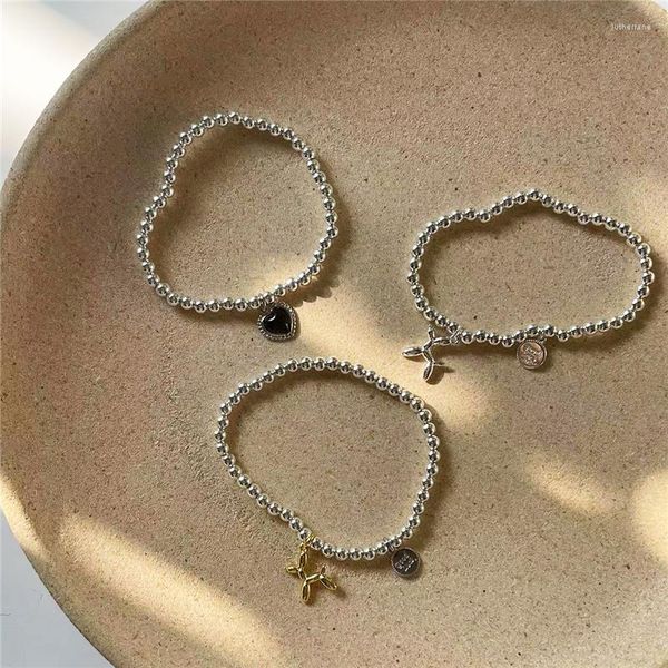 Charm-Armbänder, trendiges schwarzes Onyx-Herz, silberfarben, für Frauen, koreanischer niedlicher Hund, Perlenkette, Party-Zubehör, Freunde-Geschenk