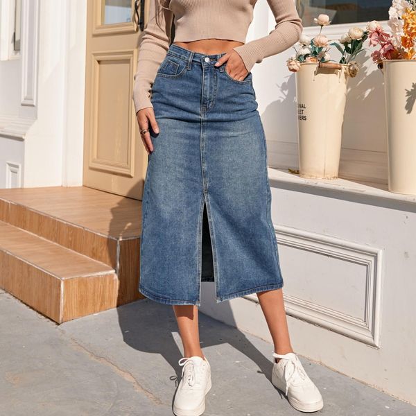 Костюмы Zhisilao, новая прямая джинсовая юбка с высокой талией, женская винтажная синяя длинная облегающая джинсовая юбка-карандаш с разрезом