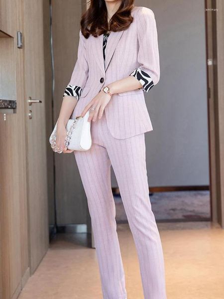 Frauen Zwei Stück Hosen 2023 Frühling Sommer Vintage Blazer Jacke Casual Gestreiften Anzug Set Elegante Frauen El Büro Arbeit kleidung Einfachheit