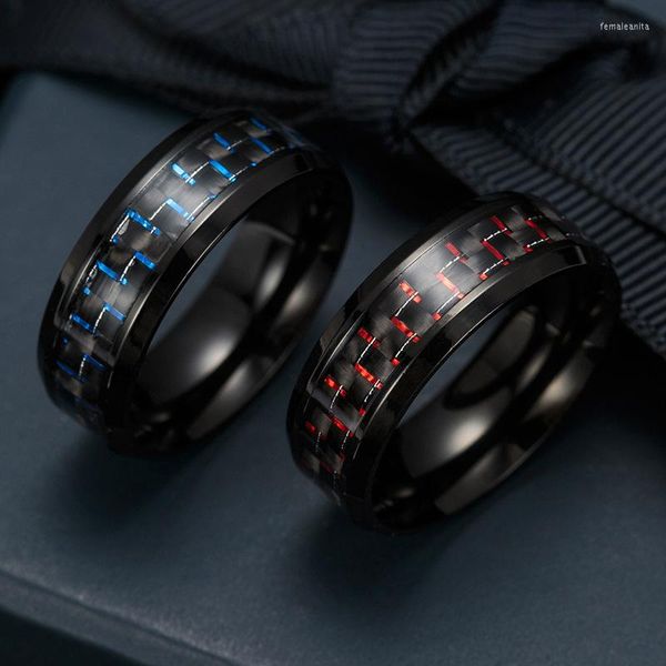 Alianças de casamento moda 8 mm masculino anel de aço inoxidável embutido preto fibra de carbono joias de noivado presentes de aniversário