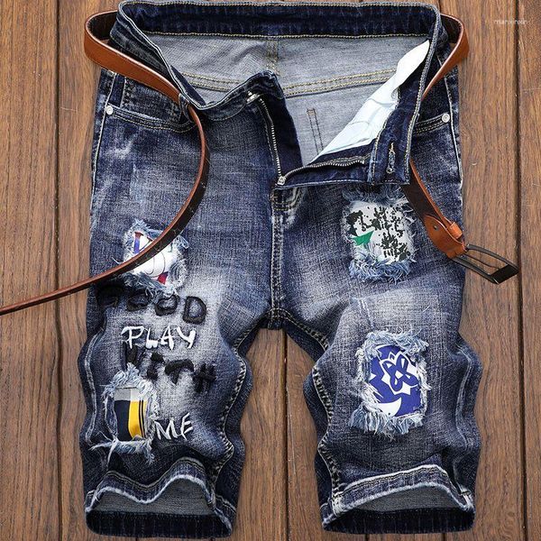 Jeans da uomo in denim largo con design a foro ricamato 3D diritto consumato Pantaloncini di moda coreana di lusso classico casual