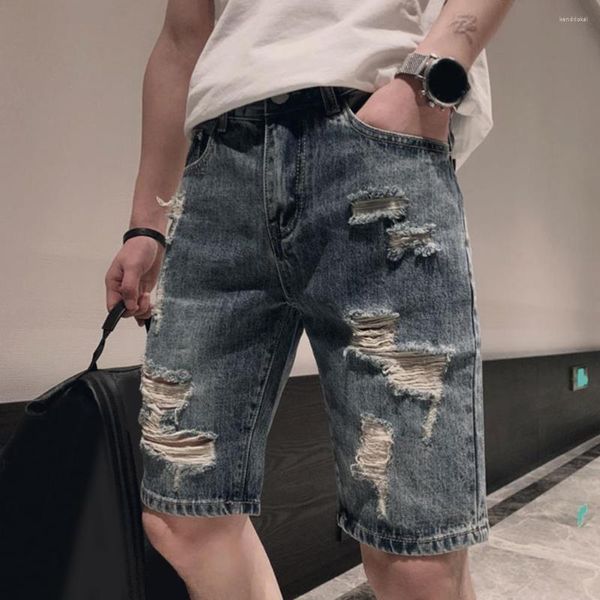 Calça Jeans Masculina Streetwear Shorts Denim Cintura Média Orifícios Rasgados Perna Reta Altura Do Joelho Com Bolsos Botão Zíper