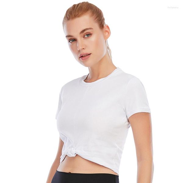 Camicie attive Sport Top Fitness Camicia da donna Solid Slim Workout Gym Wear Manica corta Yoga Crop Knot Abbigliamento sportivo da corsa