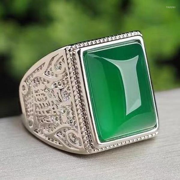Cluster Ringe Natürliche Grüne Jade Silber Ring Für Männer Einstellbare Jadeit Band Echt Chrysopras Rechteckige Männliche Feine Schmuck Zubehör