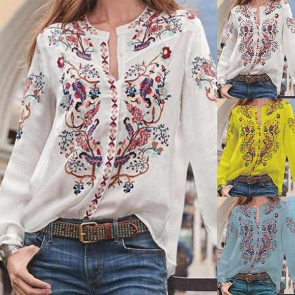 Женские блузки женская рубашка богемная этническая печать свободная топа воротника с длинными рукавами футболка кардигана женская мода повседневные топы