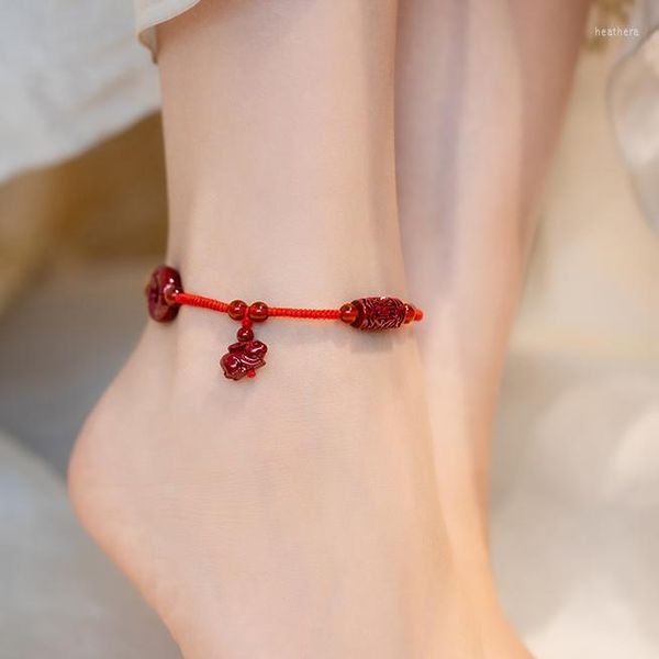 Fußkettchen Rotes Seil-Fußkettchen des chinesischen Tierkreises mit zinnoberrotem Sand-Stil, Sicherheitsverschluss-Armband, geflochten