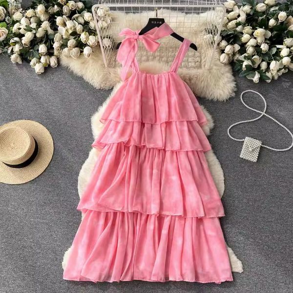 Abiti casual Abito da torta per le donne 2023 Chiffon Halter Off-spalla Estate senza maniche Abiti dolci Increspature Moda coreana Dropship