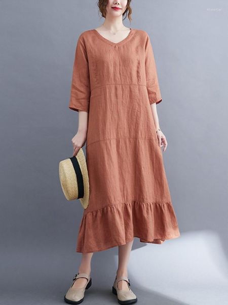 Casual Kleider Frauen Ankunft 2023 Sommer Vintage Stil V-ausschnitt Einfarbig Lose Komfortable Weibliche Lange Meerjungfrau Kleid B2536