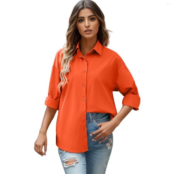 Camicette da donna T-shirt a mezza manica Cardigan comodo Tinta unita Sciolto Colletto bavero rilassato Camicia Bottoni Giù Top estivi