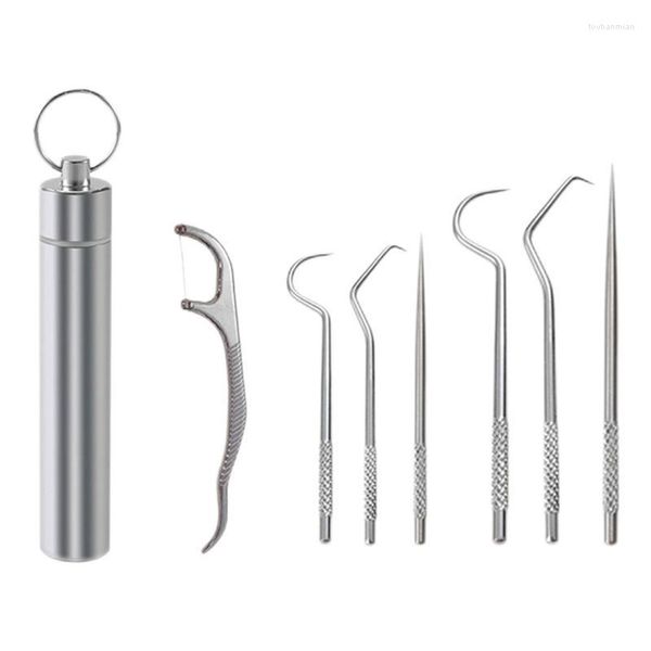 Lagerung Taschen 7 stücke Dental Werkzeuge Zähne Reinigung Kit Zahnstein Entferner Pick Set Wiederverwendbare Metall Zahnstocher Mit Halter