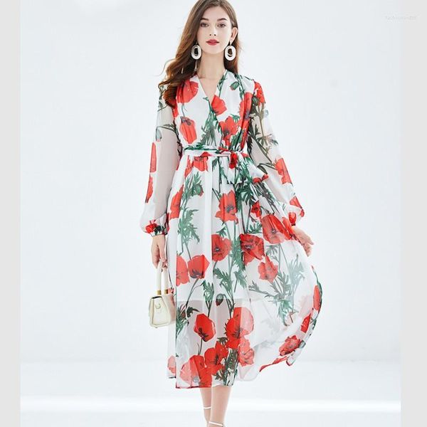 Abiti casual Summer Bohemian Chiffon Long Dress 2023 Women's V-Neck Sleeve Flower Print Lace Up Belt Holiday Party Vestidos