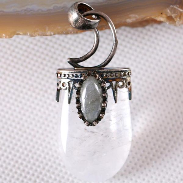 Подвесные ожерелья Очарование Ожерелье натуральное драгоценный камень белый хрустальный лабрадорит овальный бусин антикварной корона Полулудополадного подарка 1pcs K782