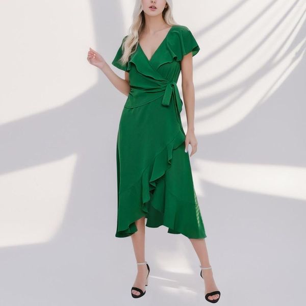 Casual Kleider Weiblich Für Frauen 2023 Schlank Temperament Solide Fließendes Blatt Große Schaukel V-ausschnitt Chiffon Kleid Frau Kleidung Vestidos