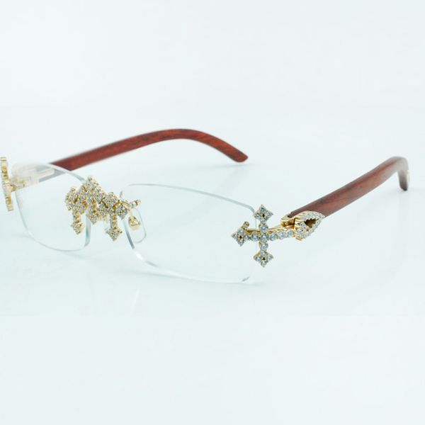 Armações de óculos de diamante cruzado 3524012 com bastões de madeira originais naturais e lente transparente de 56 mm