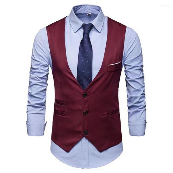 Coletes Masculinos Homens Colete de Negócios Corte Baixo Decote em V Abotoado Sólido Slim Fit Patch Bolsos Botões Colete Formal Noivo Colete Elegante Terno Jaqueta