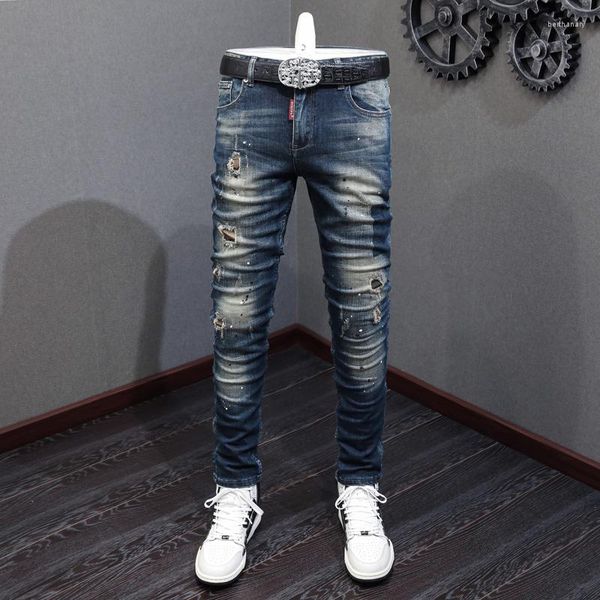 Jeans da uomo High Street Moda Uomo Retro Nero Blu Elastico Slim Foro Strappato Vintage Designer Pantaloni Hip Hop Denim Hombre