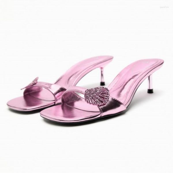 Kleidschuhe ZAZA Sommer Kitten Heel Sandalen für Frauen Mode Rosa Heeled Shiny Slingbacks Weibliche Komfort Squared Toe Heels