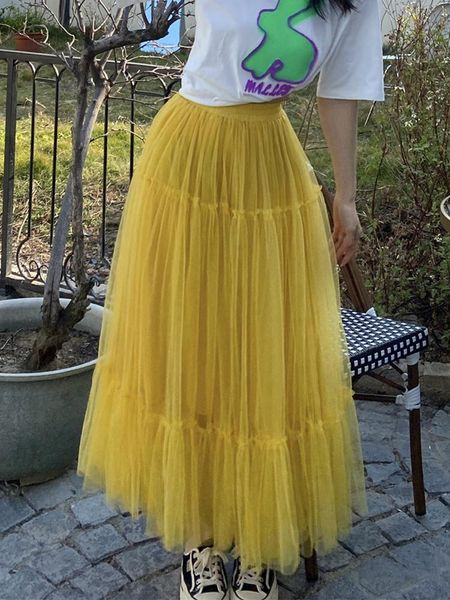 Vestido tigena tutu tule plissado saia longa para as mulheres 2023 primavera verão coreano elegante malha uma linha de cintura alta maxi saia feminina amarelo