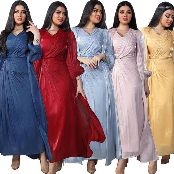 Etnik Giyim 2 Parça Set İpeksi Satin Kadınlar Abaya Dubai Müslüman Elbiseler Fas Parti Elbisesi Eid Kaftan Akşam Çekiş Vestidos Abayas