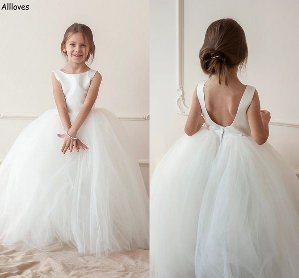 Abiti da ragazza di fiori in raso bianco solido Abiti da cerimonia nuziale con collo gioiello Tulle romantico Gonfi Abiti da cerimonia per bambina con schiena bassa Bambini Abito da prima comunione per bambini CL2571