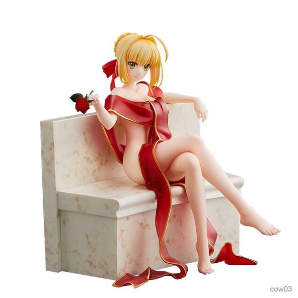 Action Toy Figure 15CM Anime Figure Saber Fate Stay Night Sexy Red Ribbon Rose Flower Seduto Posa Modello Dolls Toy Gift Collect Boxed R230710