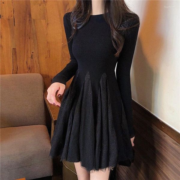 Casual Kleider Fairycore Langarm Gestrickte Für Frauen Oansatz Weibliche Herbst 2023 Bodycon Kleid Koreanische Dünne Hohe Taille Pullover M864