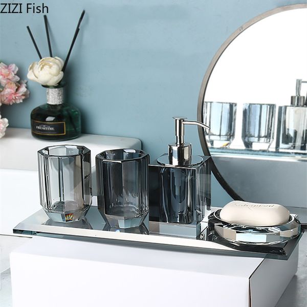 Zahnbürstenhalter Kristallglas Badezimmer-Set Paar Mundwasser Tasse Tablett Waschset Presse Seifenspender Licht Luxus Wohnaccessoires 230710