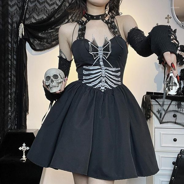 Vestidos Casuais Goth Dark Skeleton Printed Mall Gótico Linha A Punk Grunge Estética Bandagem Vestido de Festa Feminino Halter Backless Alt Clothe